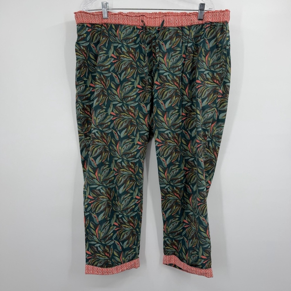 Sundance Pants Womens Large Green Floral Crepe Pull On Drawstring Tropical